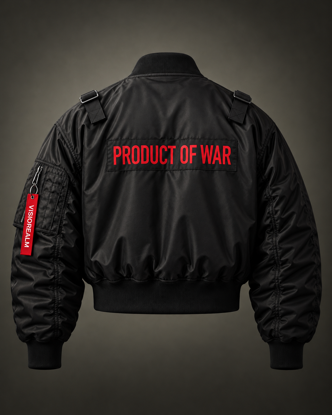 Product of War bomber — back view with red PRODUCT OF WAR lettering