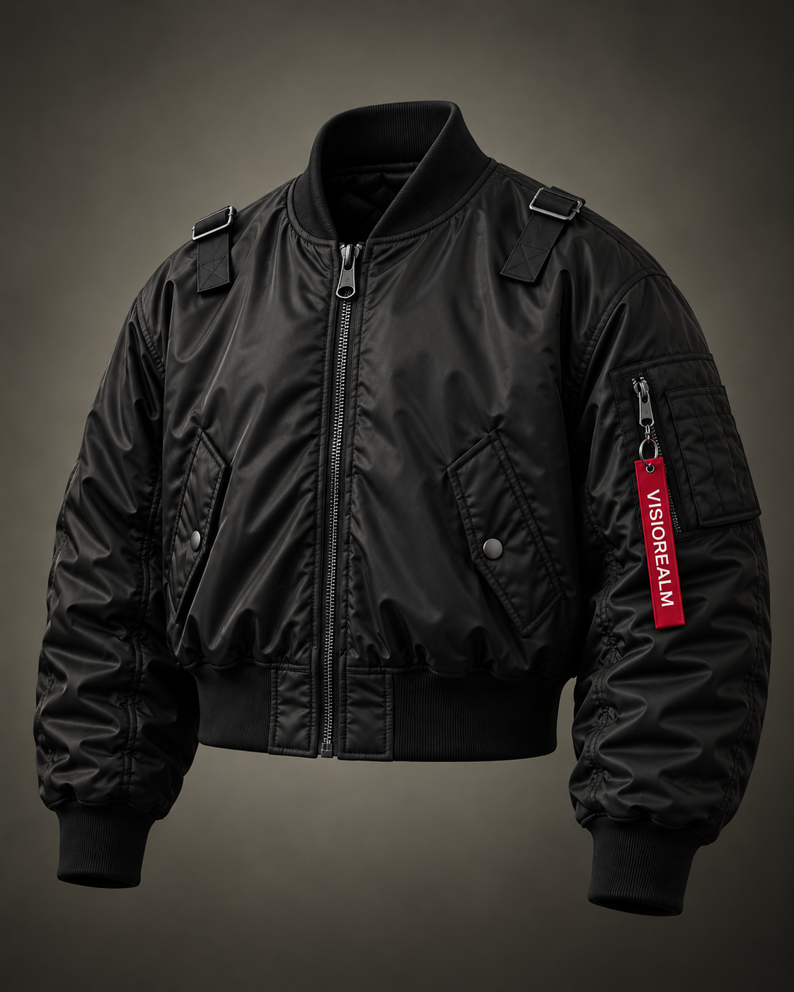 Product of War bomber — plain front, no chest logo, black cropped padded nylon
