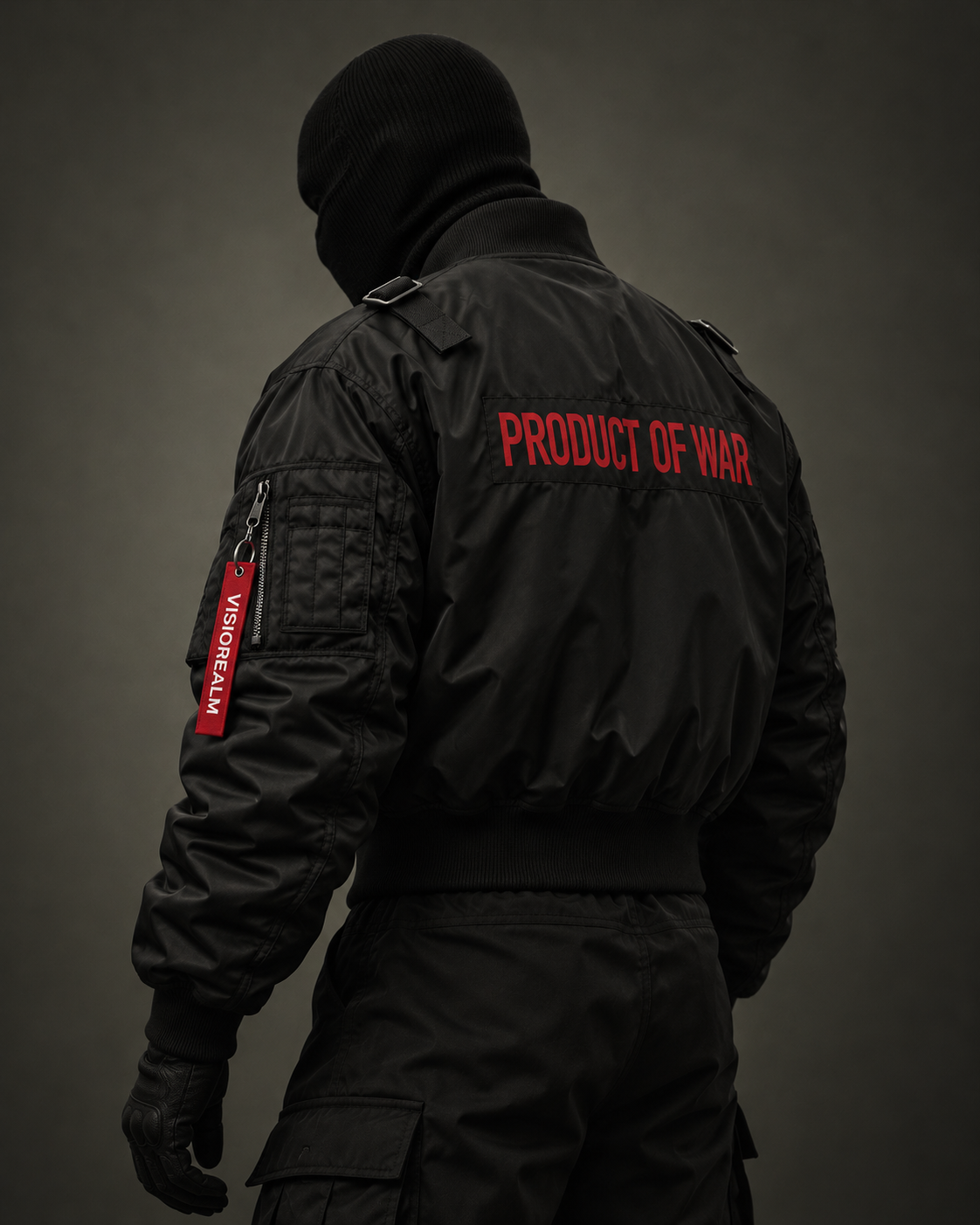 Masked fashion model in Product of War bomber — rear three-quarter angle