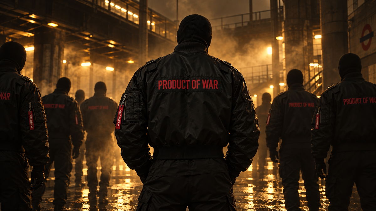Product of War masked collective in amber-lit industrial scene