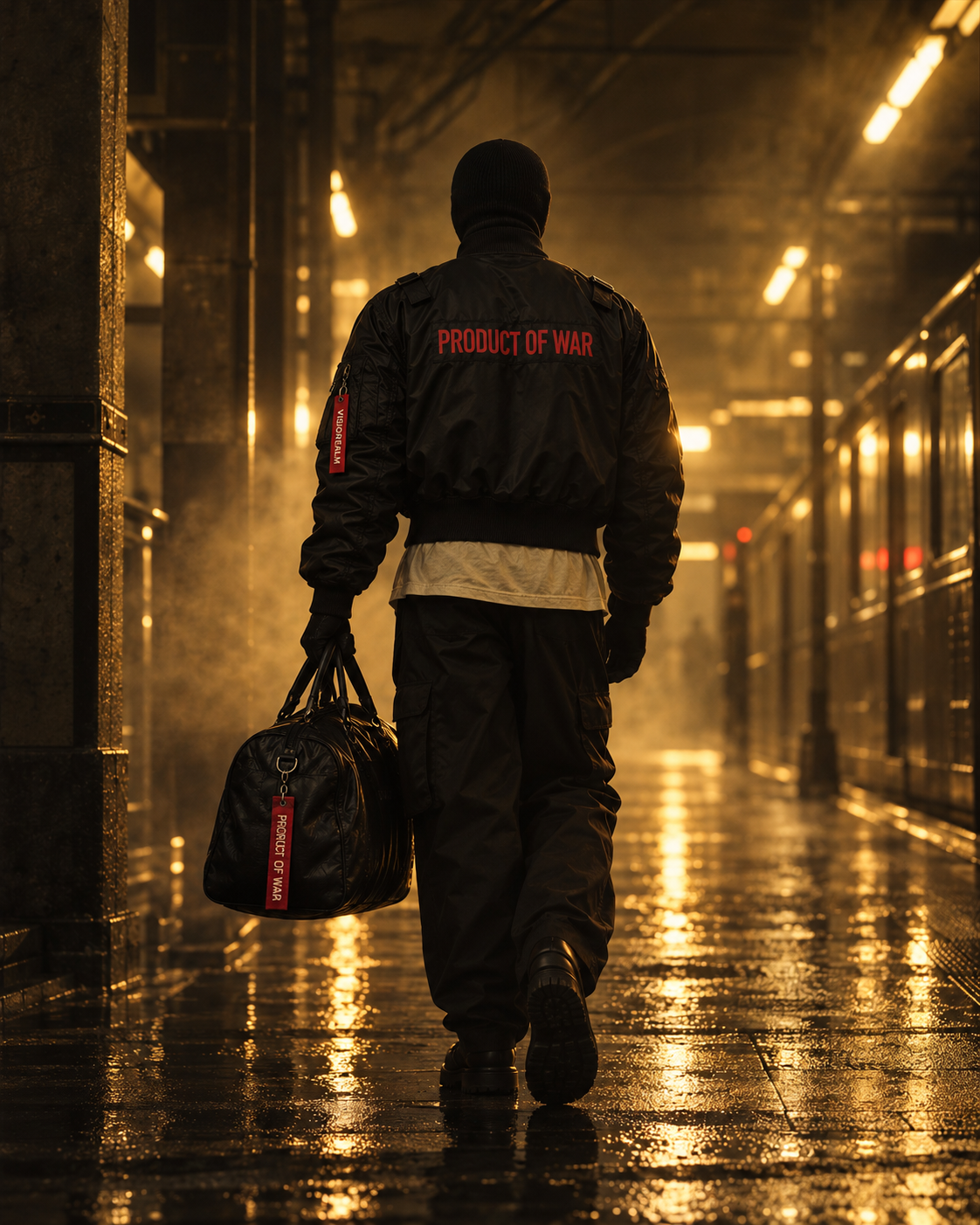 Masked model in Product of War bomber walking through warm cinematic underground